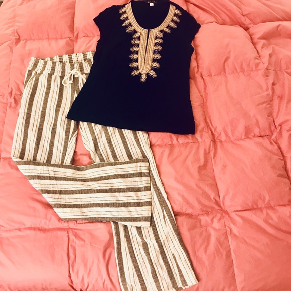 Roxy Oceanside Flared Linen Striped Beach Pants - Picture 7 of 8